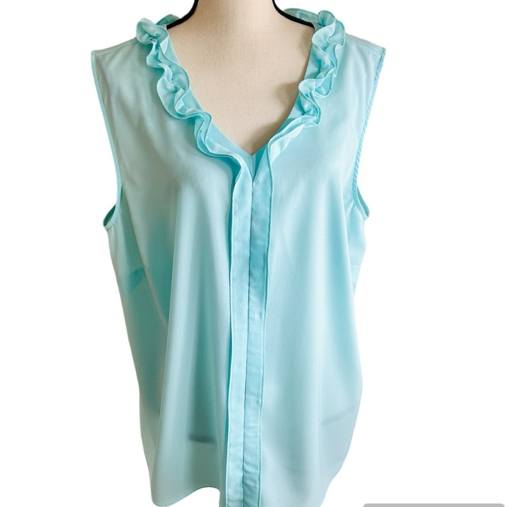 Talbots Light Aqua Ruffle V-Neck Sleeveless Blouse